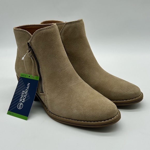 White Mountain Taupe Suede Ankle Boots | Size 7.5 NIB | Side Zip Block Heel - Picture 3 of 13